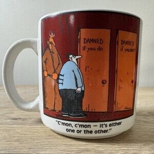 Coffee Mug DAMNED IF YOU DO/OR DON’T Cartoon The Far Side by Gary Larson 1985 OZ
